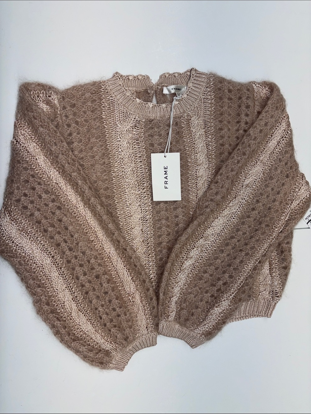 NEW Frame Denim Taupe Open-Knit Mohair-Blend Crew Sweater Women’s size XL
